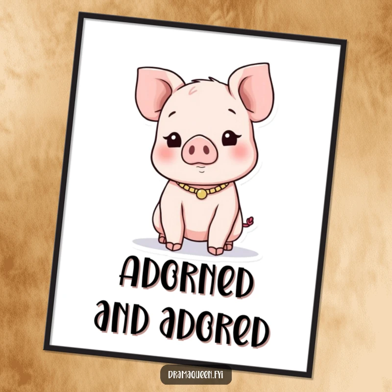 Funny Piglet Necklace Poster: Adorable piglet character with a delicate necklace, seeking attention, a humorous wall art for decor.