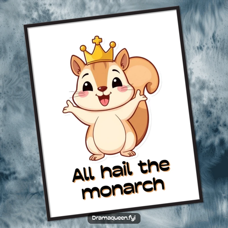 Funny poster of a cheerful squirrel adorned with a tiny crown, gesturing grandly, adding a touch of regal humor to any wall.