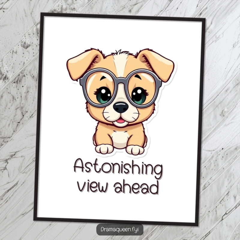 Funny poster print of a curious puppy looking through large opera glasses, eyes wide with amazement and fascination.