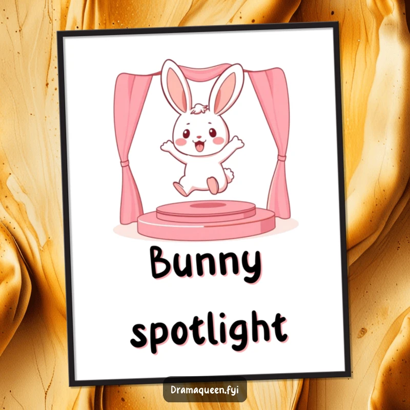 Funny playful bunny character leaping onto a miniature stage on a poster, creating theatrical and humorous wall art.