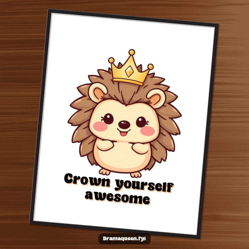 Funny hedgehog poster displaying a happy character with a tiny, sparkling crown tilted on its head, bringing regal charm and humor to wall decor.
