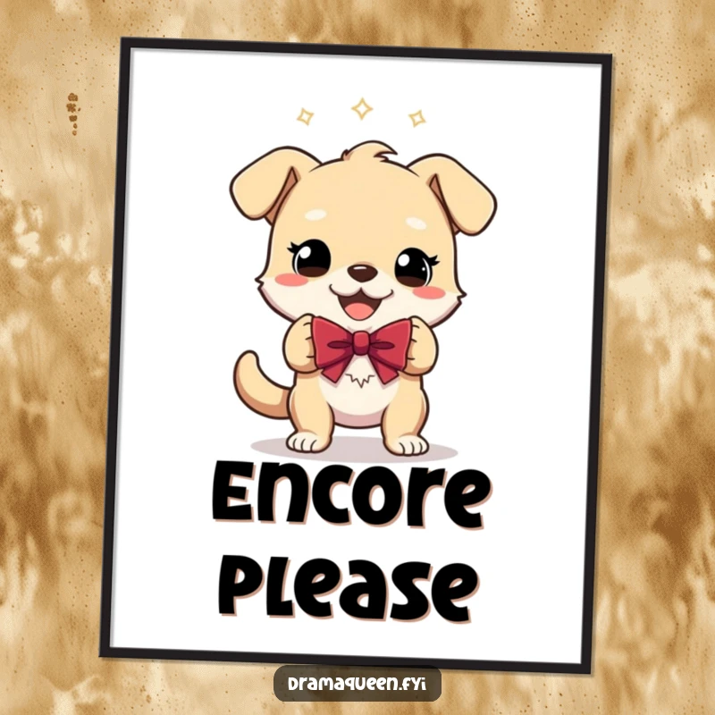 Funny Poster featuring a gleeful dog character performing a theatrical bow, creating dramatic and humorous wall art for any room.