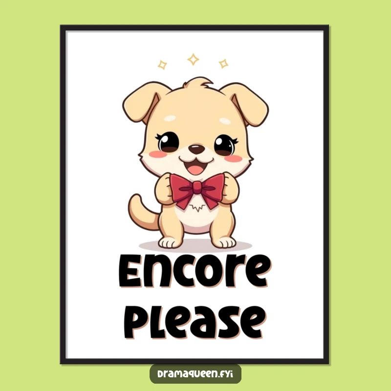 Funny Gleeful Dog Bow Poster: Theatrical Character Art for Dramatic Walls