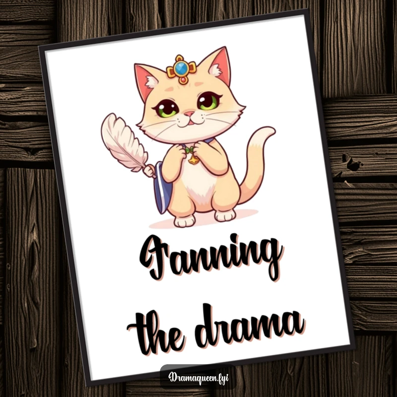 Funny regal cat dramatically fanning herself with a feather on a poster, creating sophisticated and humorous wall decor.