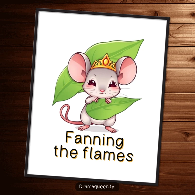 Funny mouse poster showing a tiny mouse with a tiara fanning with a leaf. Regal and humorous wall art, perfect for gifting.