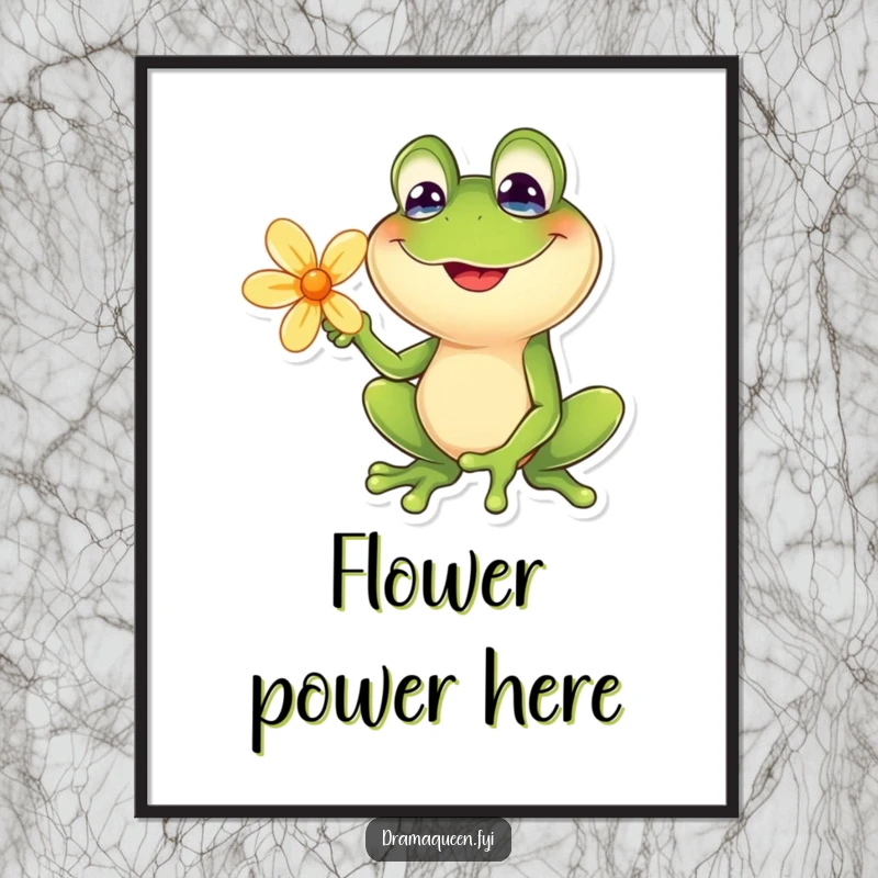 Funny frog poster showing a joyful frog with a goofy smile posing with a flower. Humorous wall art, perfect for gifting.