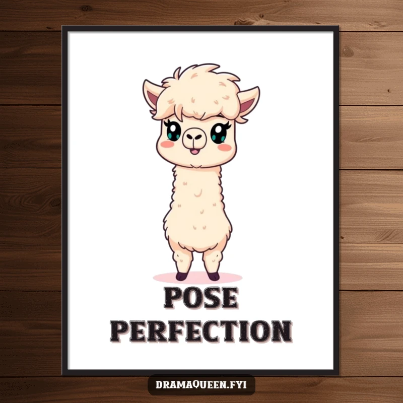 Funny alpaca poster displaying a fluffy mane and a bold, dramatic pose, adding a touch of humor to any space.