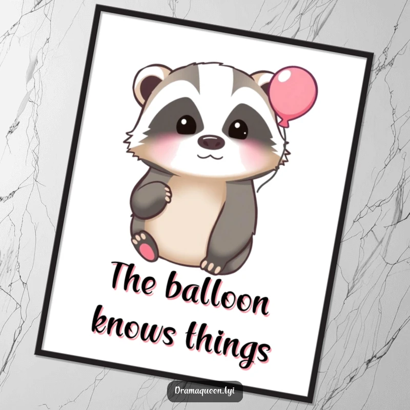 Funny poster art of a pensive badger gazing at a floating balloon, adding a touch of whimsical contemplation and humor to wall decor.