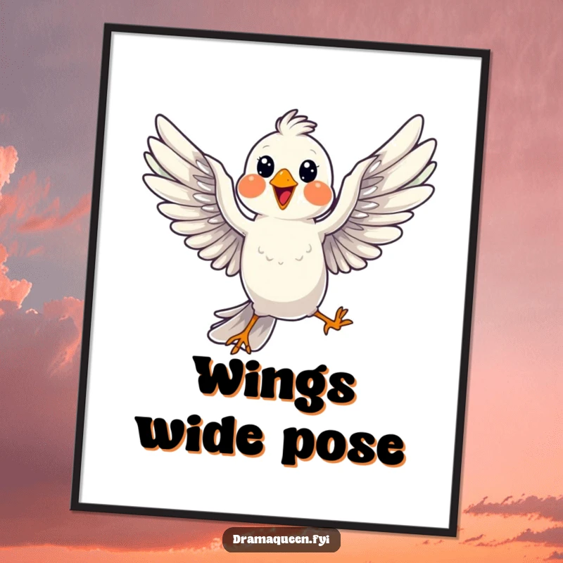 Funny Bird Pose Poster: A cheerful bird dramatically striking a pose mid-flight, wings spread, adding humorous cheer.