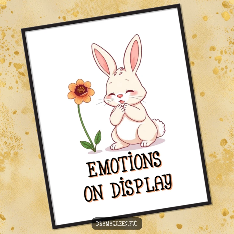 Funny bunny poster showing a rabbit dramatically clutching its chest while gazing sadly at a wilting flower, evoking comical despair.