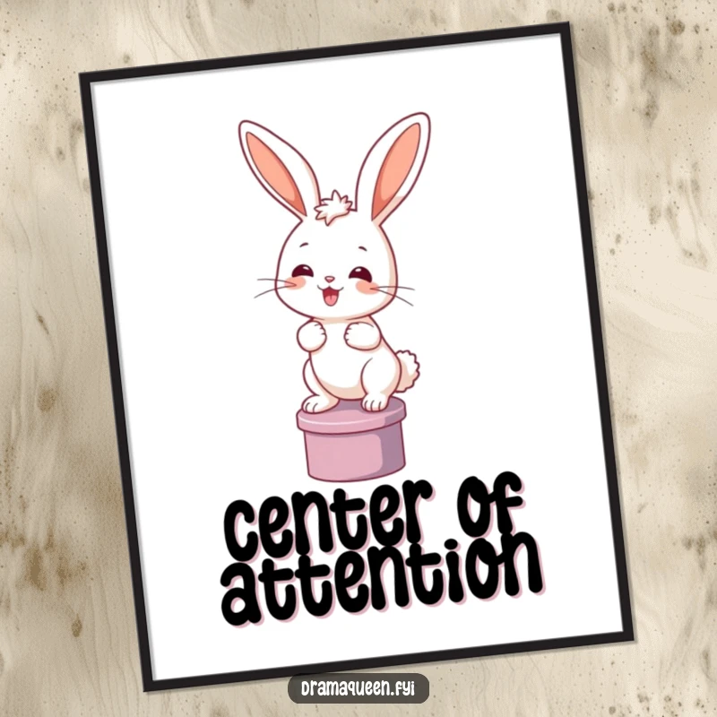 Funny bunny poster depicting a happy rabbit posing dramatically on a small pedestal. Humorous wall art, perfect for gifting.