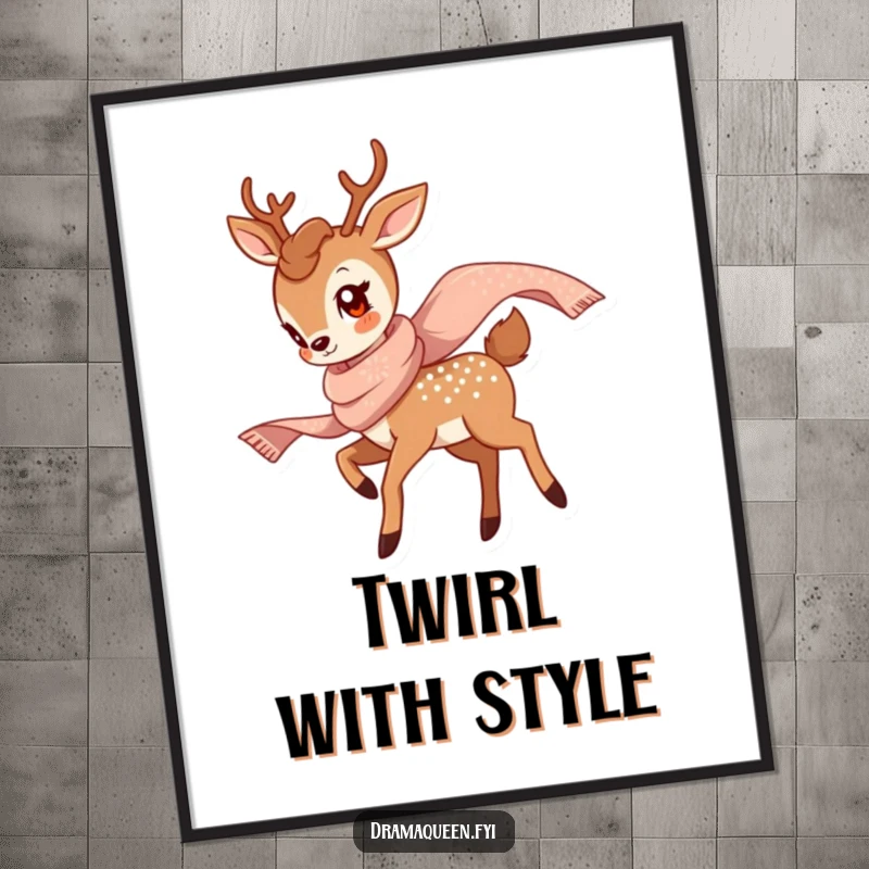 Funny Deer Twirl Poster of a graceful deer twirling with a shimmering scarf, adding a touch of elegant humor to any decor.