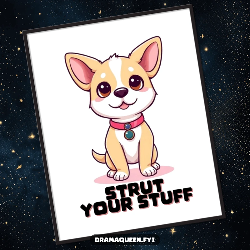 Funny dog poster of a cute dog character posing dramatically on a runway, ears perked, exuding fashionista vibes.