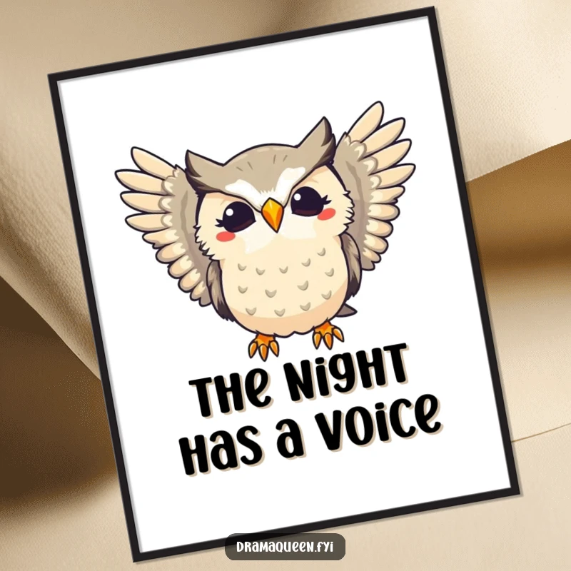 Funny poster of a dramatic owl character hooting with great flair and wings extended, capturing its theatrical and comical essence.