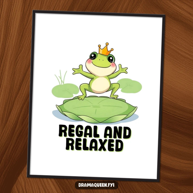 Funny frog king poster, smiling frog wearing a crown leaping onto a giant lily pad. Whimsical and regal wall art. Great.
