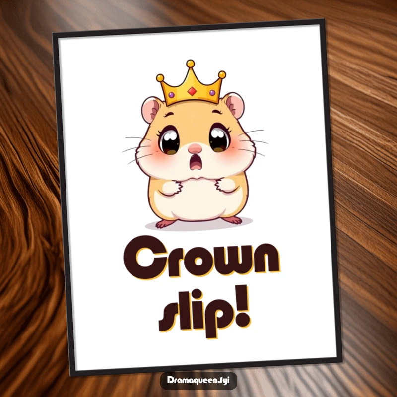 Funny Hamster Poster: A wide-eyed hamster looks surprised as its tiny crown hilariously tumbles from its head.