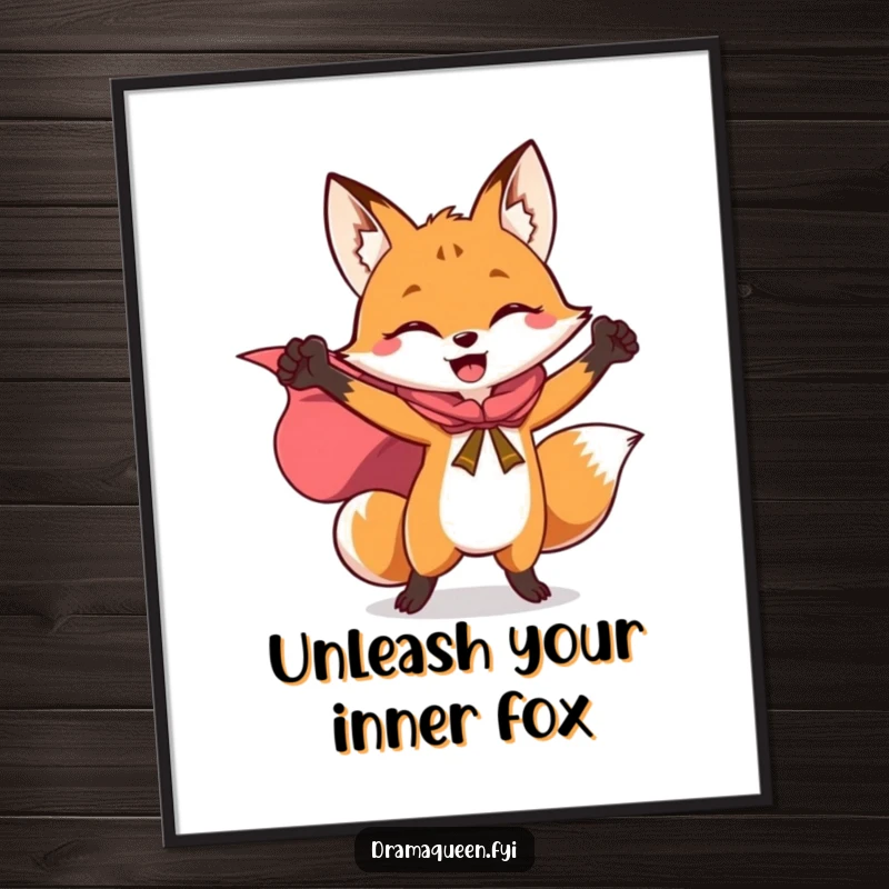 Funny poster art of a joyful fox in a flowing superhero cape, striking a triumphant pose, exuding heroic energy.