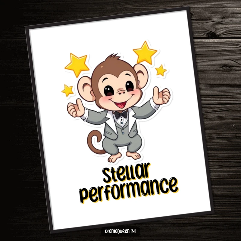 Funny poster capturing a monkey in a tuxedo juggling bright shining stars, a humorous and dazzling display of talent.