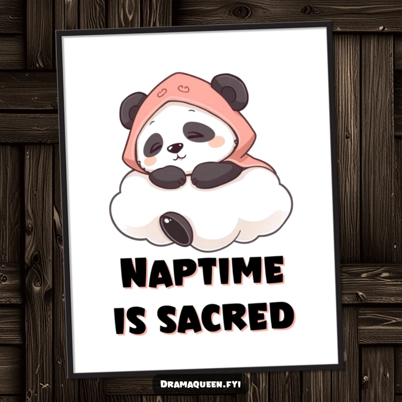 Funny poster capturing a panda in a tiny cape napping contentedly on a fluffy cloud, evoking sweet dreams and relaxation.