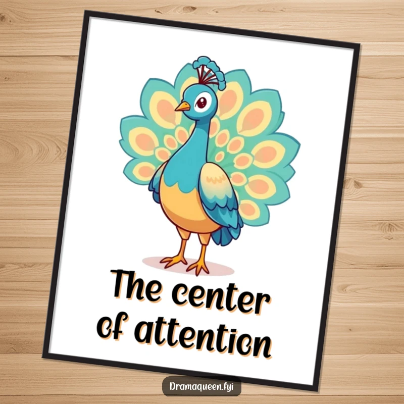 Funny Peacock Poster capturing a proud character in the full splendor of its vibrant, shimmering tail feathers, decorative and humorous.