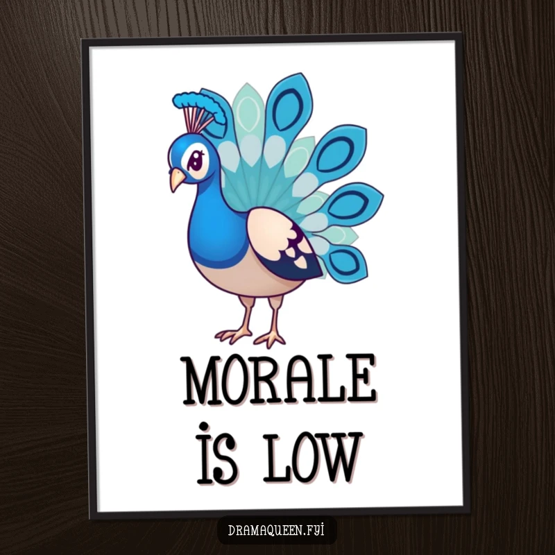 Funny Peacock Sadness Poster featuring a dejected bird with droopy feathers, creating humorous wall art for any room.