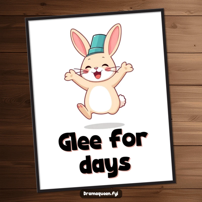 Funny poster capturing a rabbit in a fancy hat leaping with pure glee, radiating happiness and playful energy.