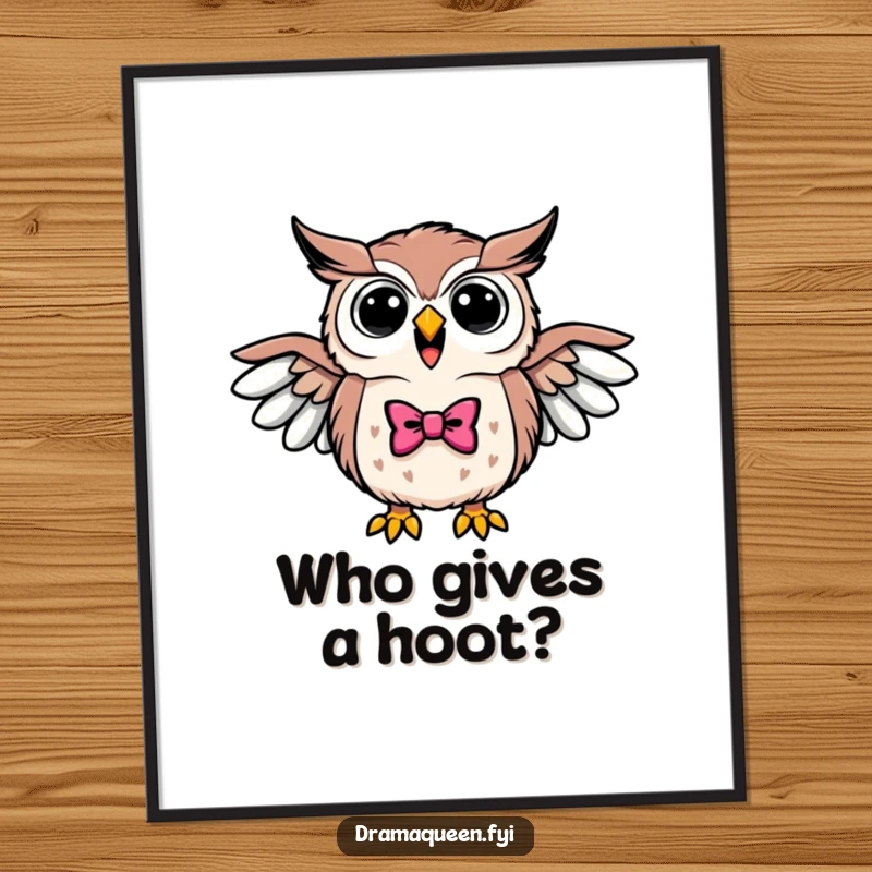 Funny poster art of a triumphant owl wearing a bowtie, hooting loudly with wings outstretched, exuding elegant wisdom.