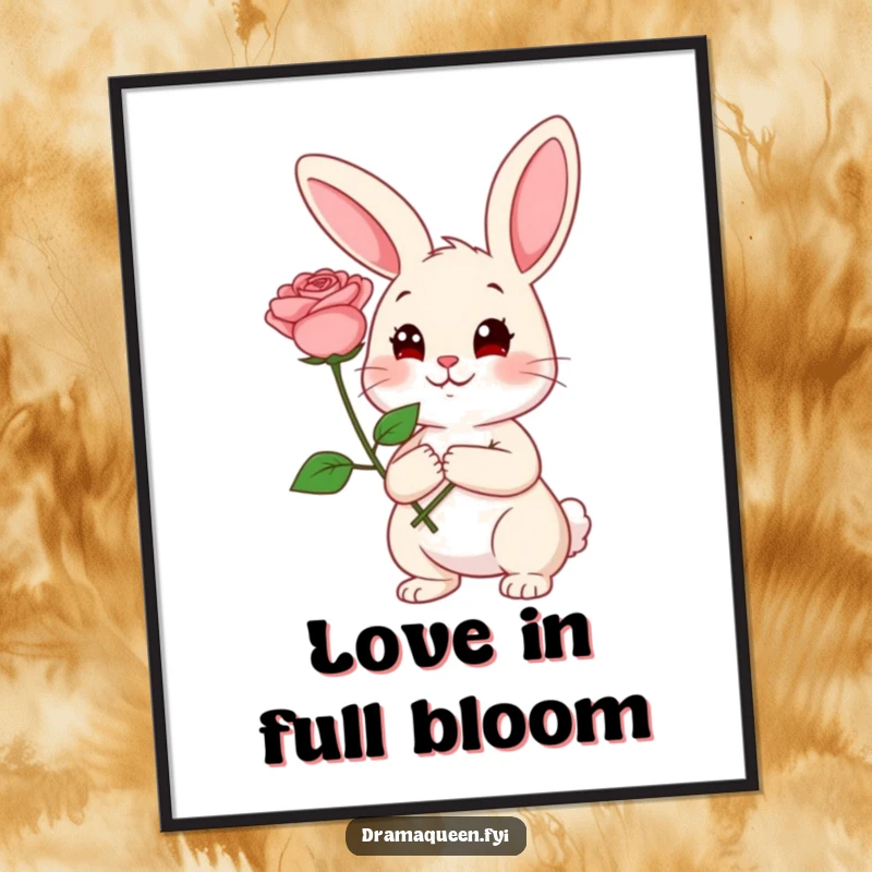 Funny Rabbit Poster: Cheerful rabbit holding a single large rose with a coy expression, creating a romantic funny gift.