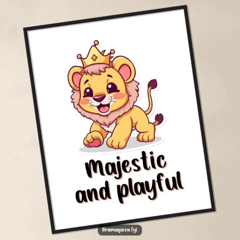 Funny poster capturing a lion cub in a small crown playfully pouncing with a beaming smile, evoking playful royalty and energy.