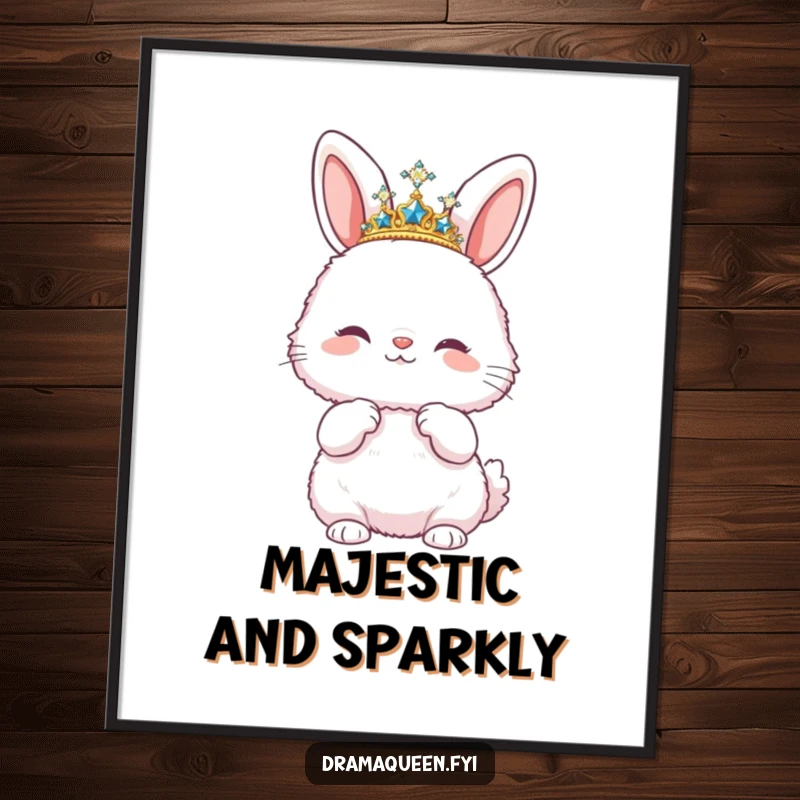 Funny poster art of a fluffy bunny wearing a sparkly tiara and striking a pose, perfect for glamorous and humorous wall decor.