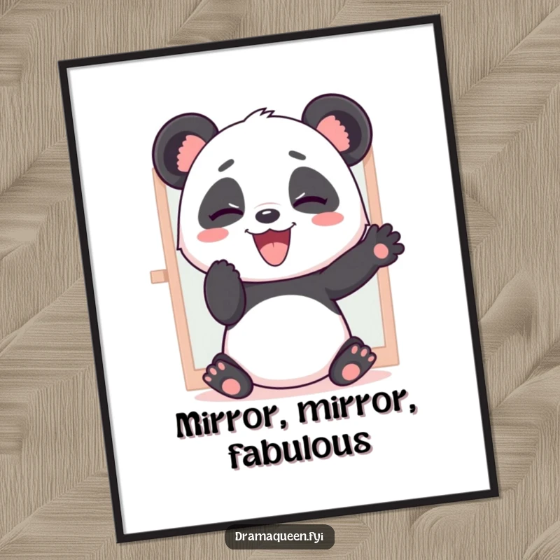 Funny poster of a giggling panda character intensely practicing dramatic poses in a mirror, capturing a moment of hilarious self-admiration.
