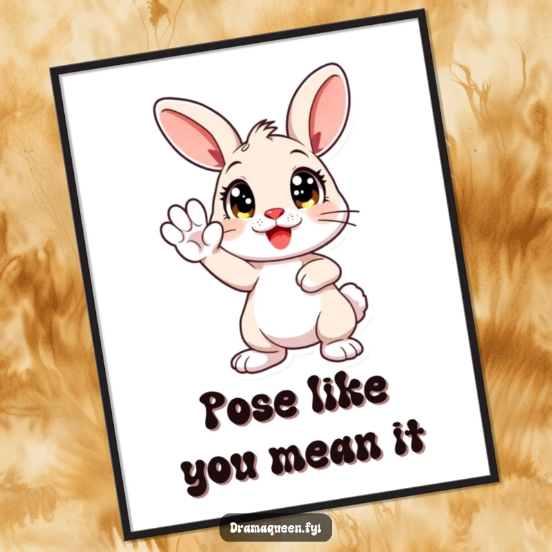Funny poster print of a cute bunny with wide eyes striking a dramatic pose, paw raised high, adding a humorous touch to any room.