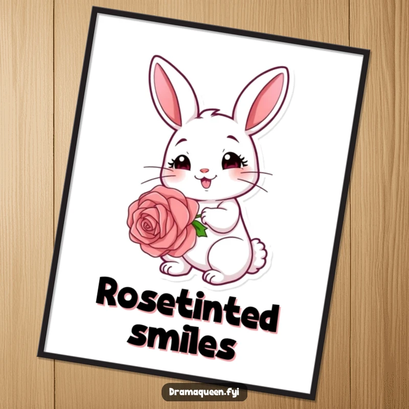 Funny rabbit poster print of a cute bunny holding a single red rose with a coy smile, sweet wall art.