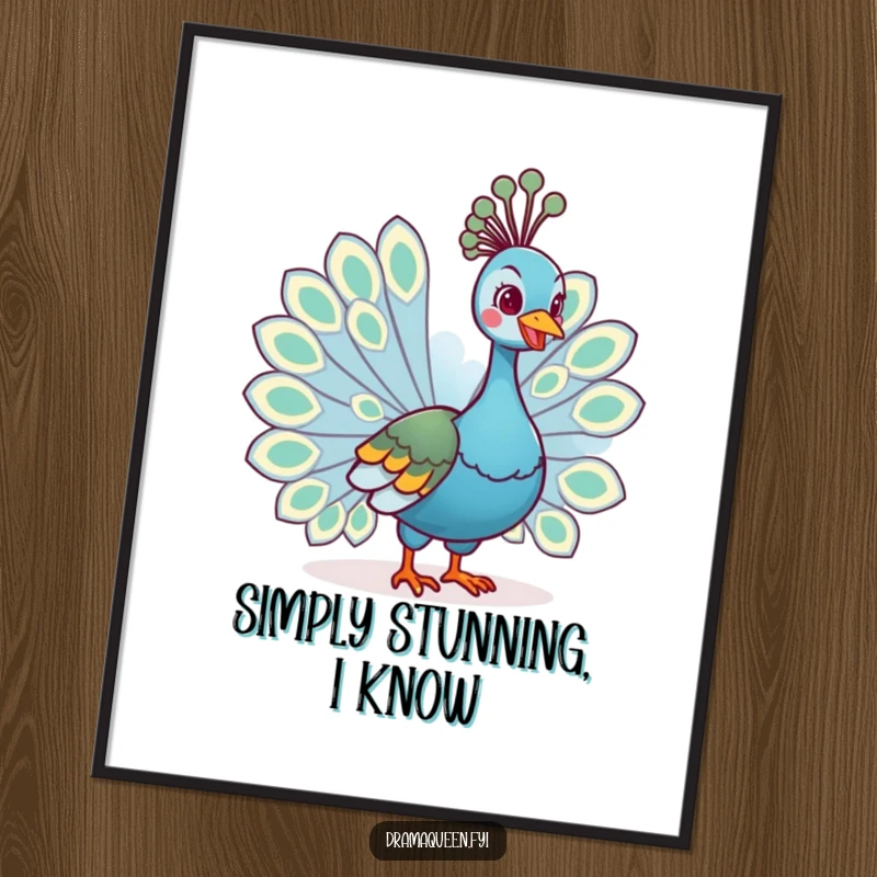 Funny poster of a regal peacock character fanning its tail feathers with a cheerful grin, creating a visually stunning and humorous artwork.