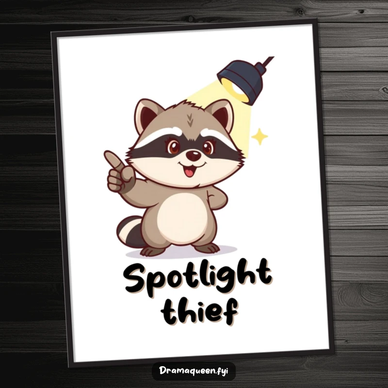 Funny poster featuring a mischievous raccoon character pointing to a spotlight overhead, capturing playful guilt and humorous drama.