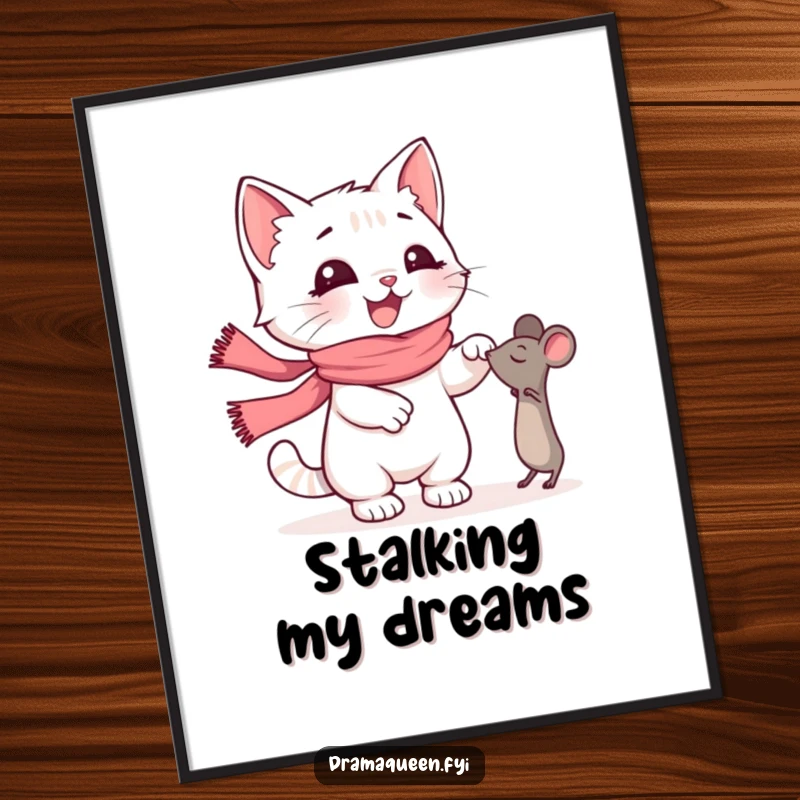 Funny Kitten Poster: Happy kitten with a pink scarf dramatically reaches for a toy mouse, capturing playful hunting instincts, funny gift.