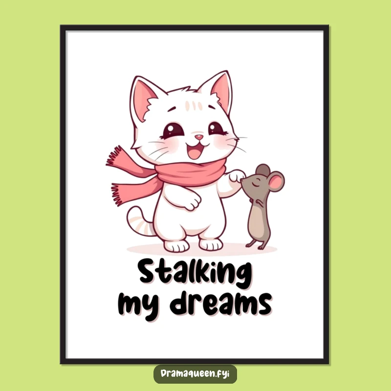 Funny Kitten Scarf Poster: Dramatic Mouse Chase Art, Hilarious Pet Decor Gift