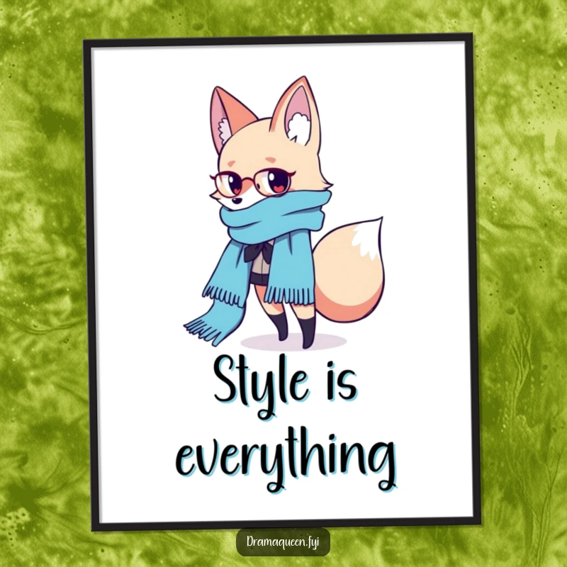 Funny Fashion Fox Scarf Poster: A fashionable fox poses dynamically with a long, flowing scarf, creating trendy and funny wall art.