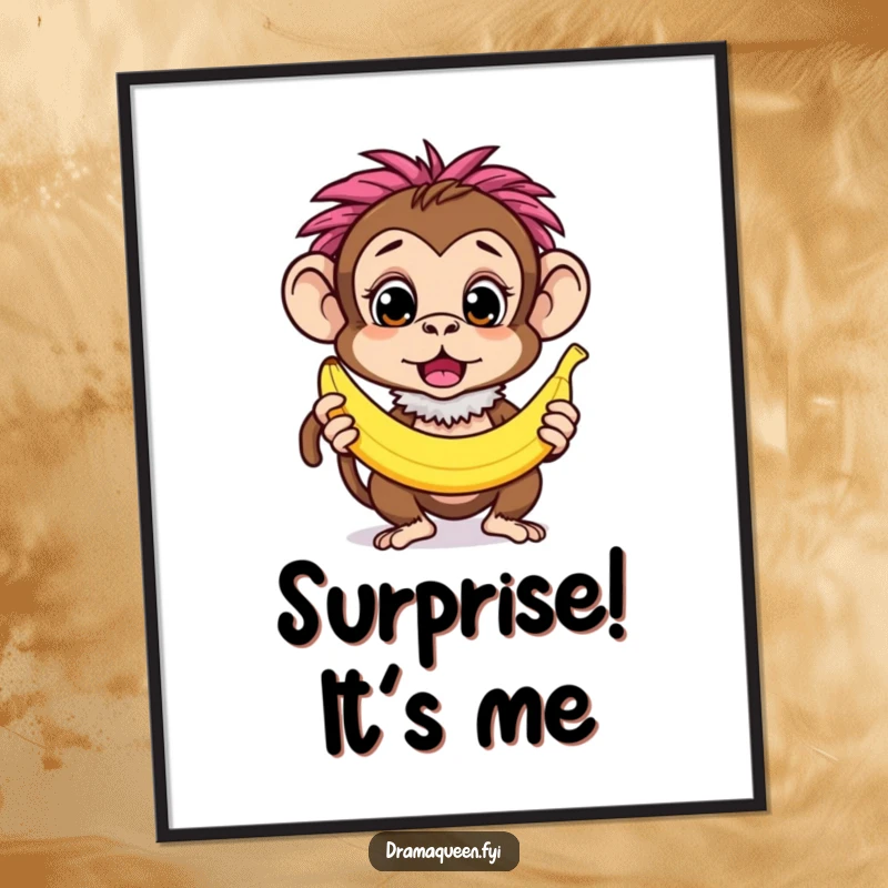 Funny curious monkey character wearing a feathery boa, striking a surprised pose with a banana, art print, quirky decor.