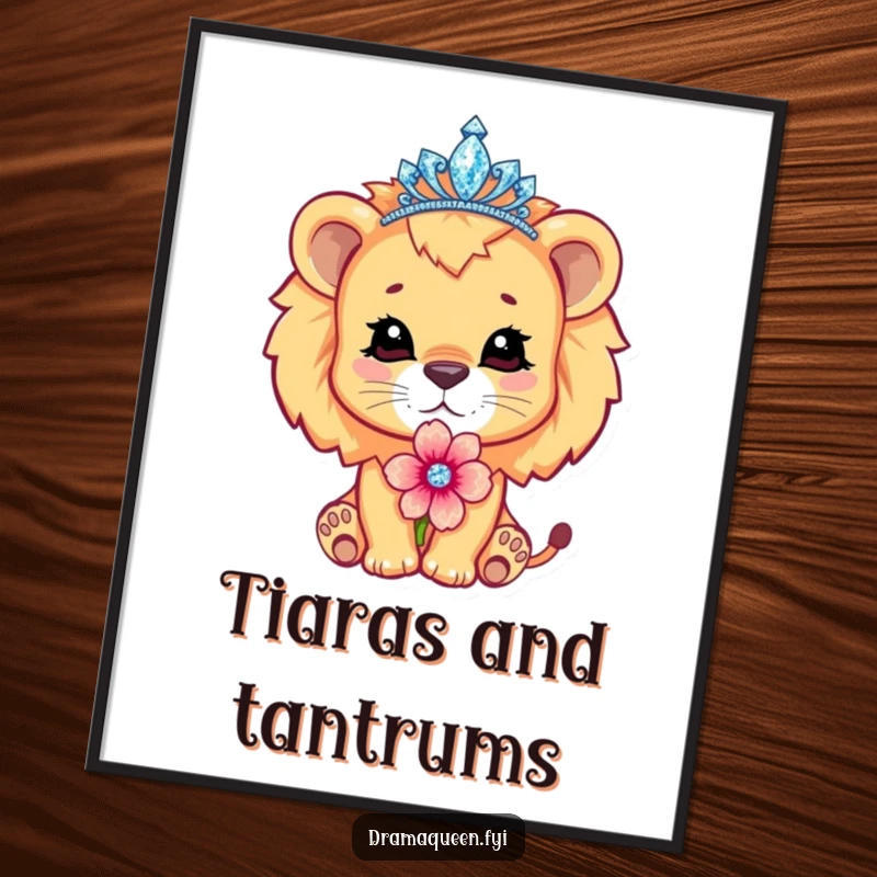 Funny cute lion cub character wearing a sparkling tiara, pouting dramatically with a flower, art print, royal decor.