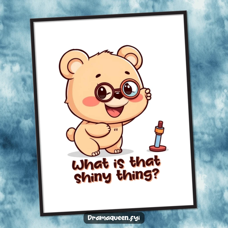 Funny poster art of a smiling bear cub wearing a monocle, pointing excitedly at a distant object, full of wonder.