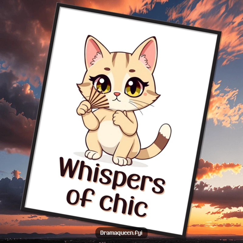 Funny cat poster showcasing a stylish cat character dramatically fluttering a fan, adding a touch of theatrical flair to wall art.