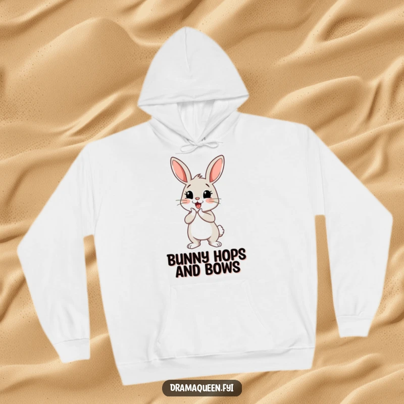 Funny bunny hoodie with a cheerful bunny character performing a dramatic curtsey, offering cozy comfort and whimsical humor.