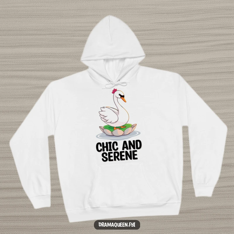 Funny swan hoodie showcasing a glamorous character striking a dramatic pose on a lily pad, perfect for cozy, elegant warmth.