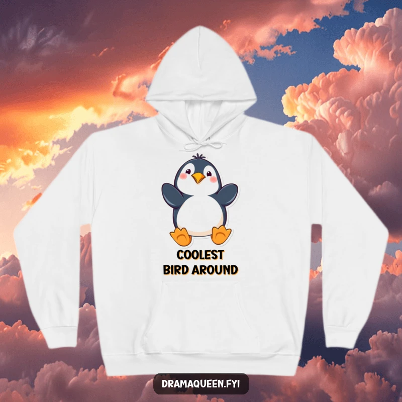 Funny penguin hoodie featuring a playful character in a dramatic pose with flippers out, offering warmth and humorous charm.