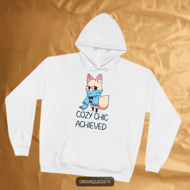 Funny Fashion Fox Scarf Hoodie: A fashionable fox poses elegantly with a long, flowing scarf, offering cozy and funny style, a gift.
