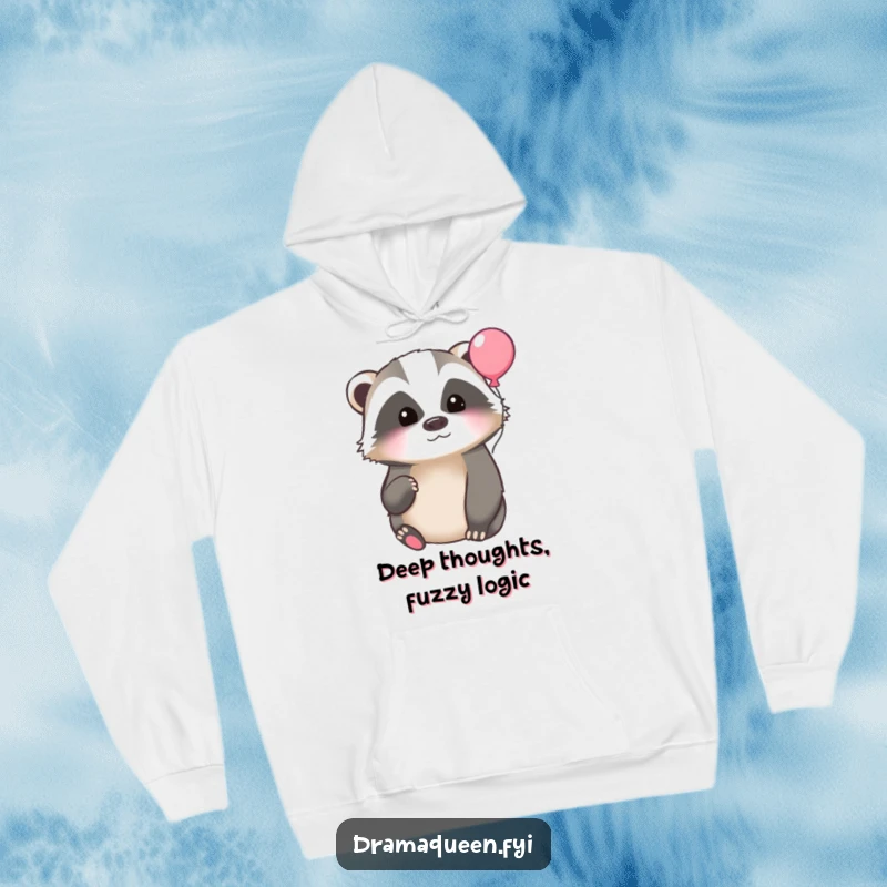 Funny hoodie featuring a contemplative badger gazing at a floating balloon, perfect for staying warm while lost in thought, a humorous gift.