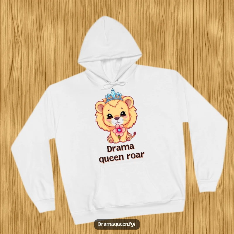 Funny cute lion cub character wearing a sparkling tiara, pouting dramatically with a flower, hooded sweatshirt, diva style.
