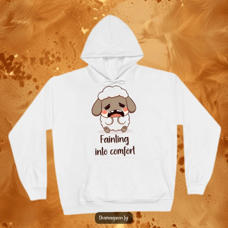 Funny Fainting Sheep Hoodie: A humorous sheep character faints dramatically with an exaggerated expression, perfect for cozy funny gifts.