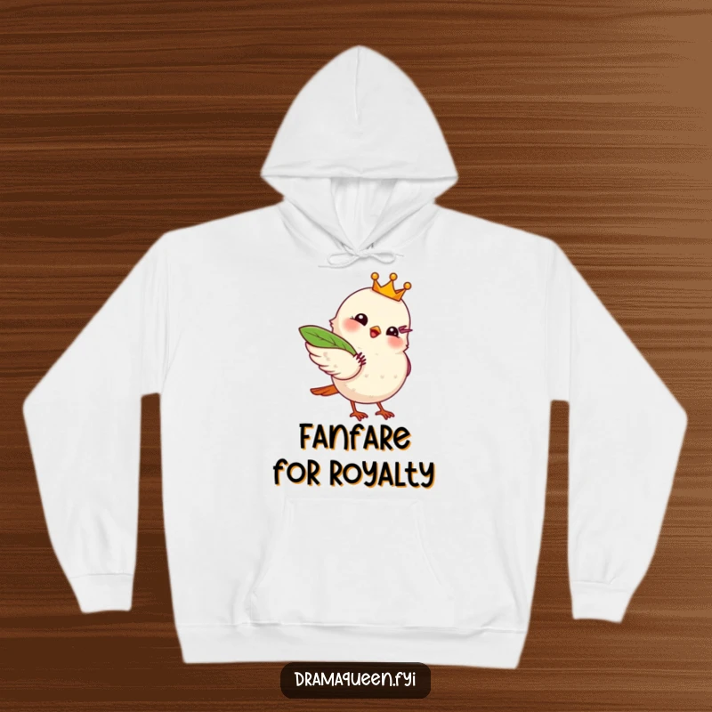 Funny hoodie featuring a crowned bird dramatically fanning itself with a leaf, perfect for staying cool in cozy style.